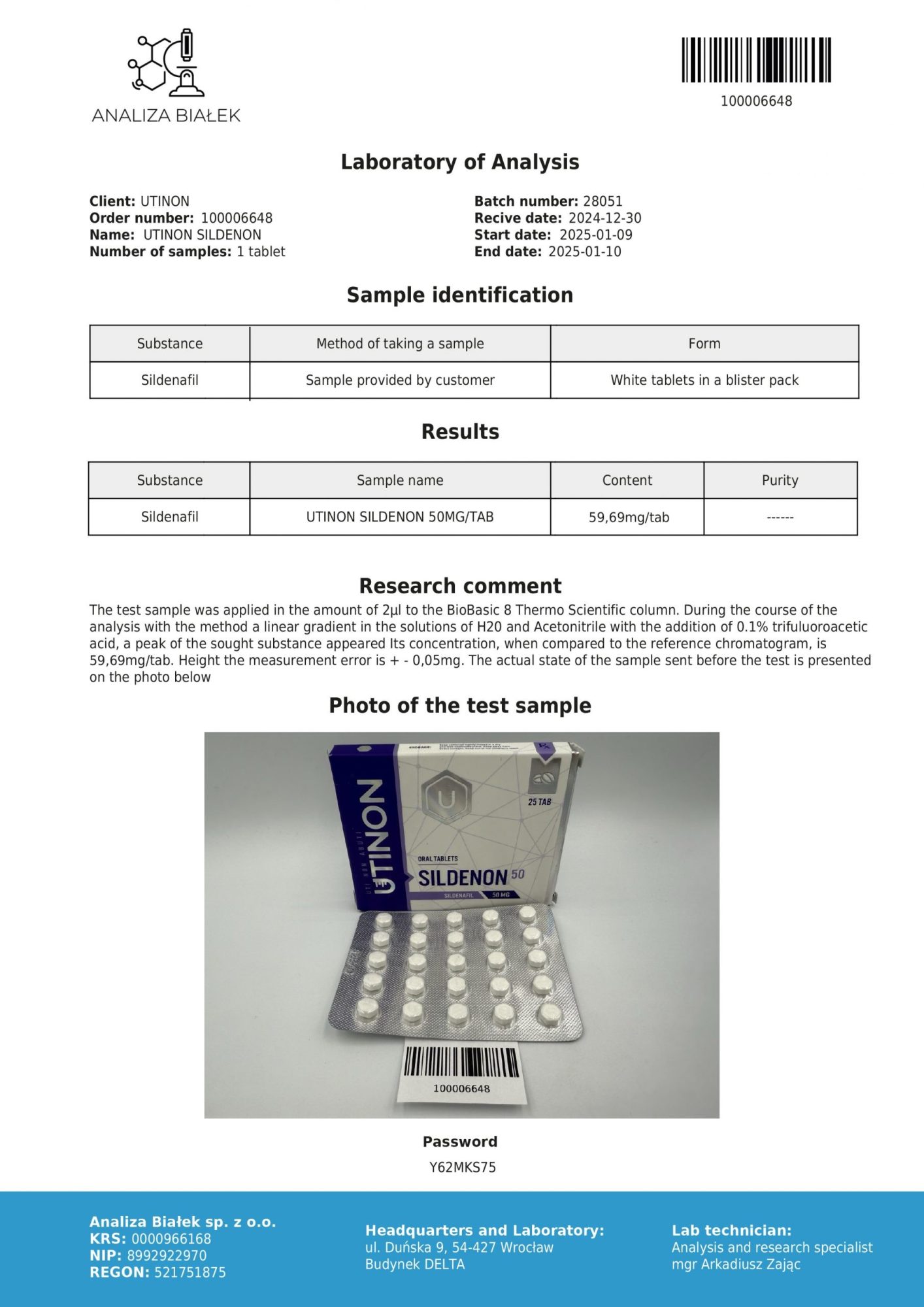 Analyseverslag met foto van L-thyroxine tabletten