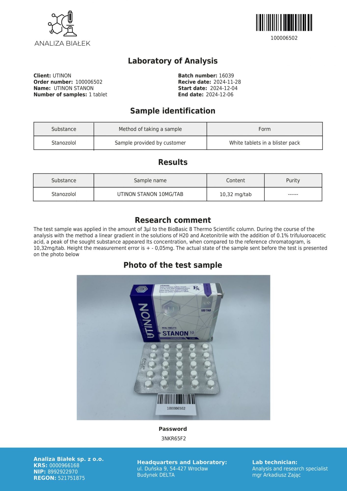 Laboratoriumrapport met foto van testmonster