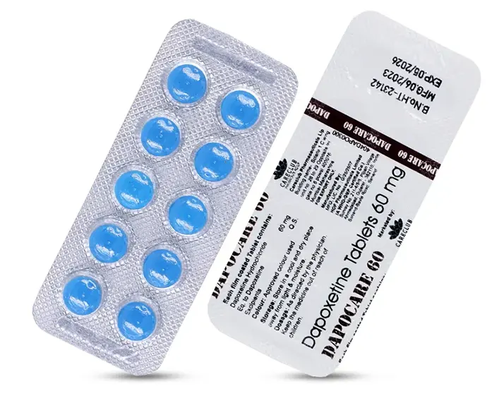 Blisterverpakking met blauwe Dapoxetine tabletten